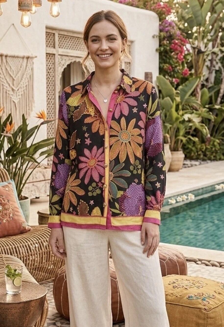 Cynthia Rowley Women’s Size S Floral Button Up Blouse Long Sleeve Boho Top Rayon